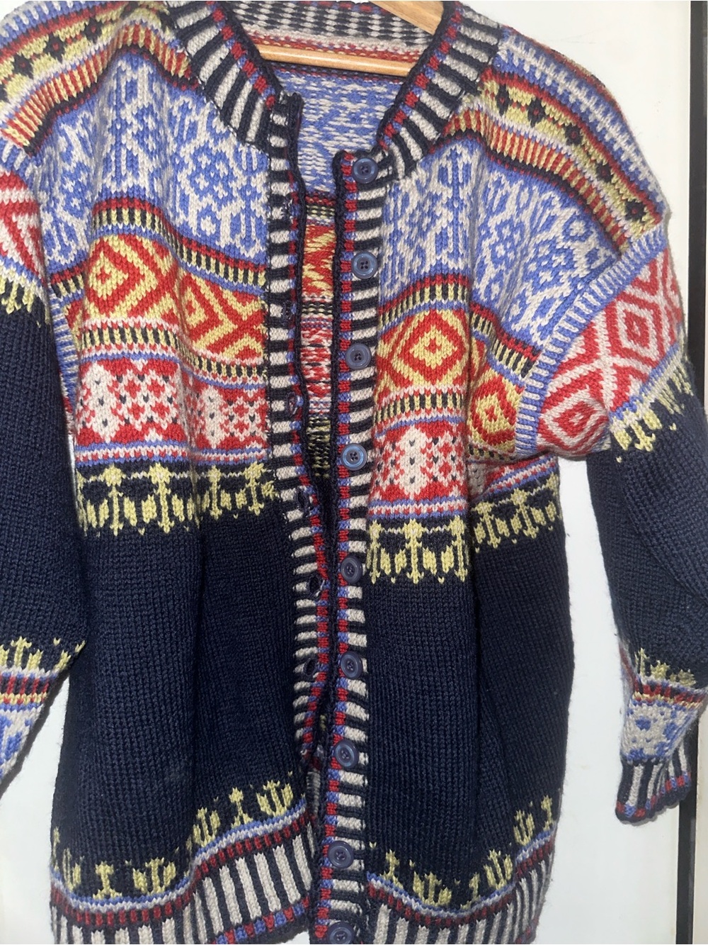 Navy - multi-colored knit patterned button-down sweater